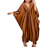 Bsubseach Women Solid Color Cover Up V Neck Batwing Sleeve Plus Size Beach Kaftan Dresses