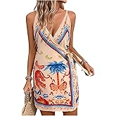 RoseSeek Women's Tropical Print Cami Dress Sleeveless Wrap V Neck Tie Knot Boho Short Dresses