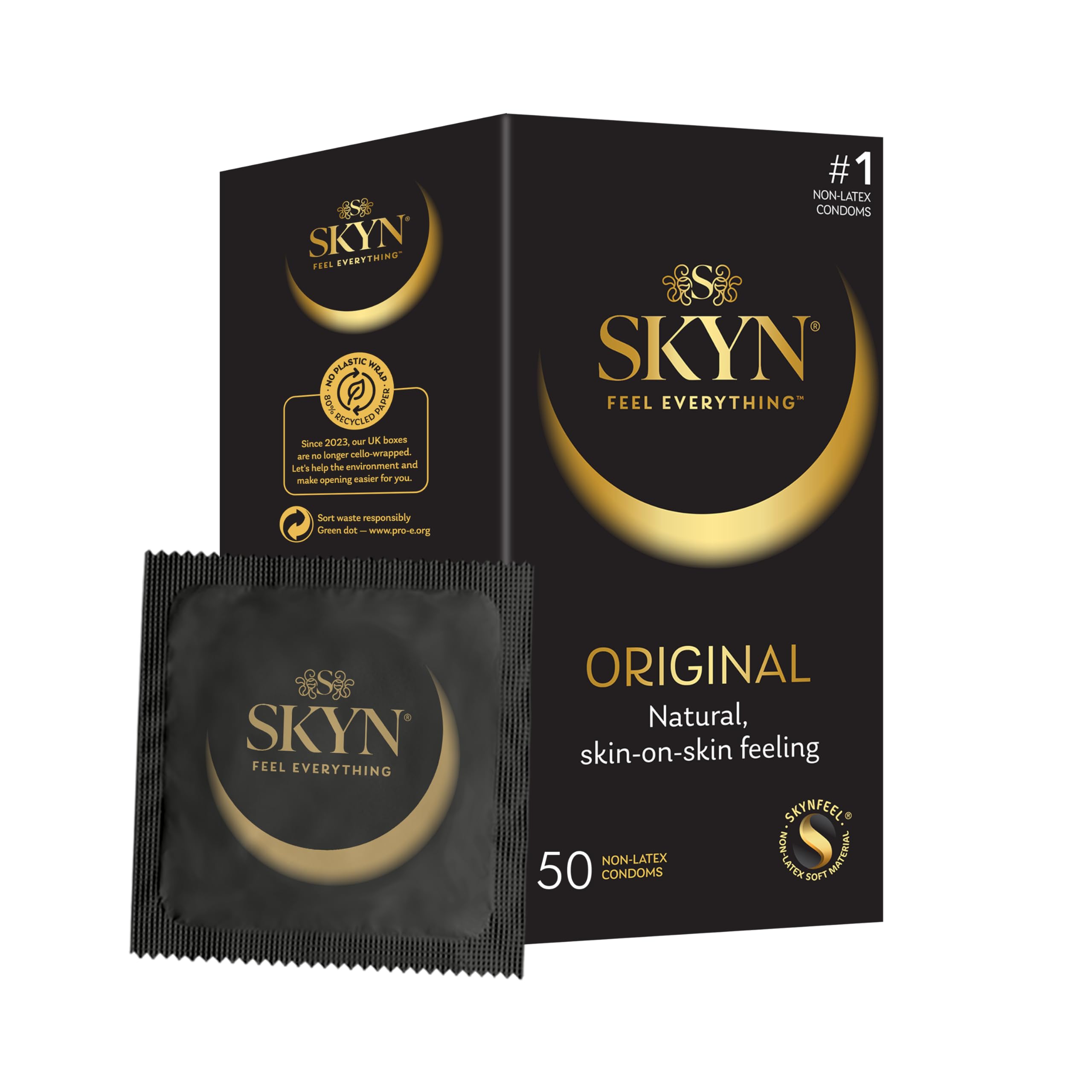 SKYN Original Condoms Pack of 50 / Skynfeel Latex Free Condoms for Men, Regular Size, Strong & Thin, Smooth Straight Shape, 53mm Wide
