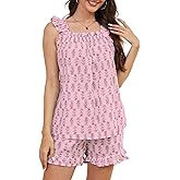 Kissonic Womens Ruffle Pajamas Set 2 Piece Summer PJs for Women Floral Pajama Ruffle Trim Cami Top and Shorts Lounge
