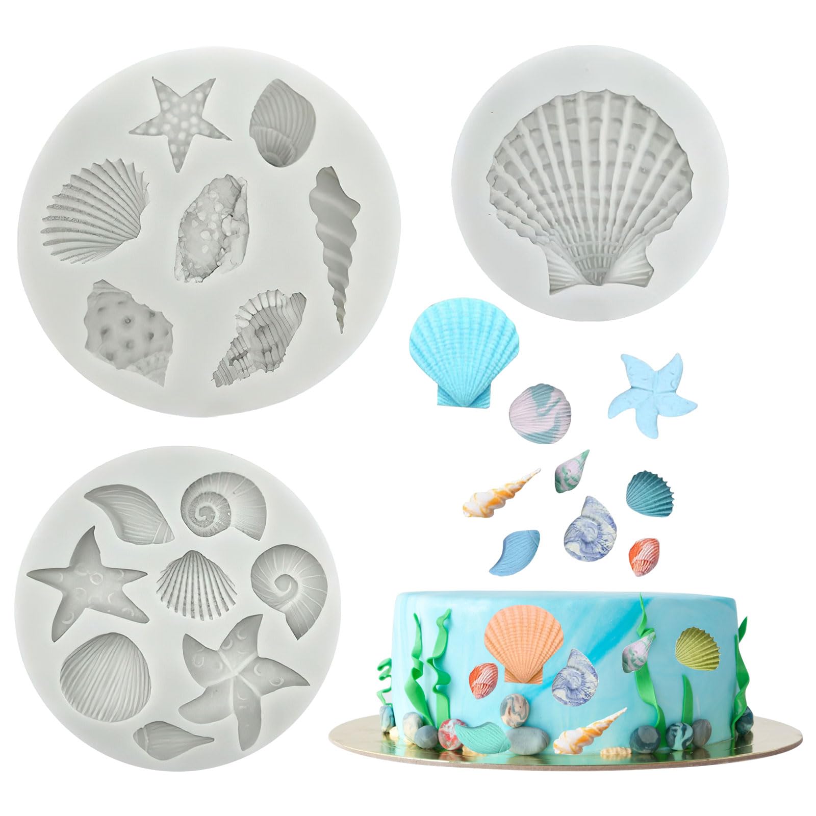 APOMOONS 3 PCS Marine Theme Cake Fondant Silicone Mold Seashell Conch Starfish Coral Baking Molds for DIY Cake Decoration Chocolate Candy Polymer Clay Crafting Projects (Grey)
