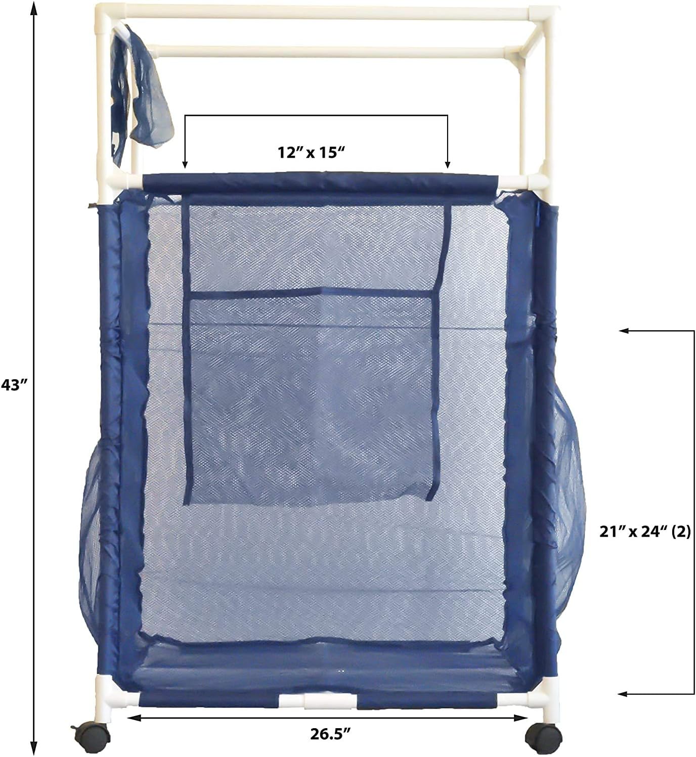 Essentially Yours Rolling Pool Noodle Storage Organizer Bin, Standard Noodle Holder, 24" W x 24" L x 38" H, Blue Mesh/White PVC : Garden & Outdoor