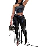 Lyaheima Women's Sexy 2 Piece Outfits Irregular Tank Top Lace Up Bodycon Long Pant Two Piece Sets Clubwear