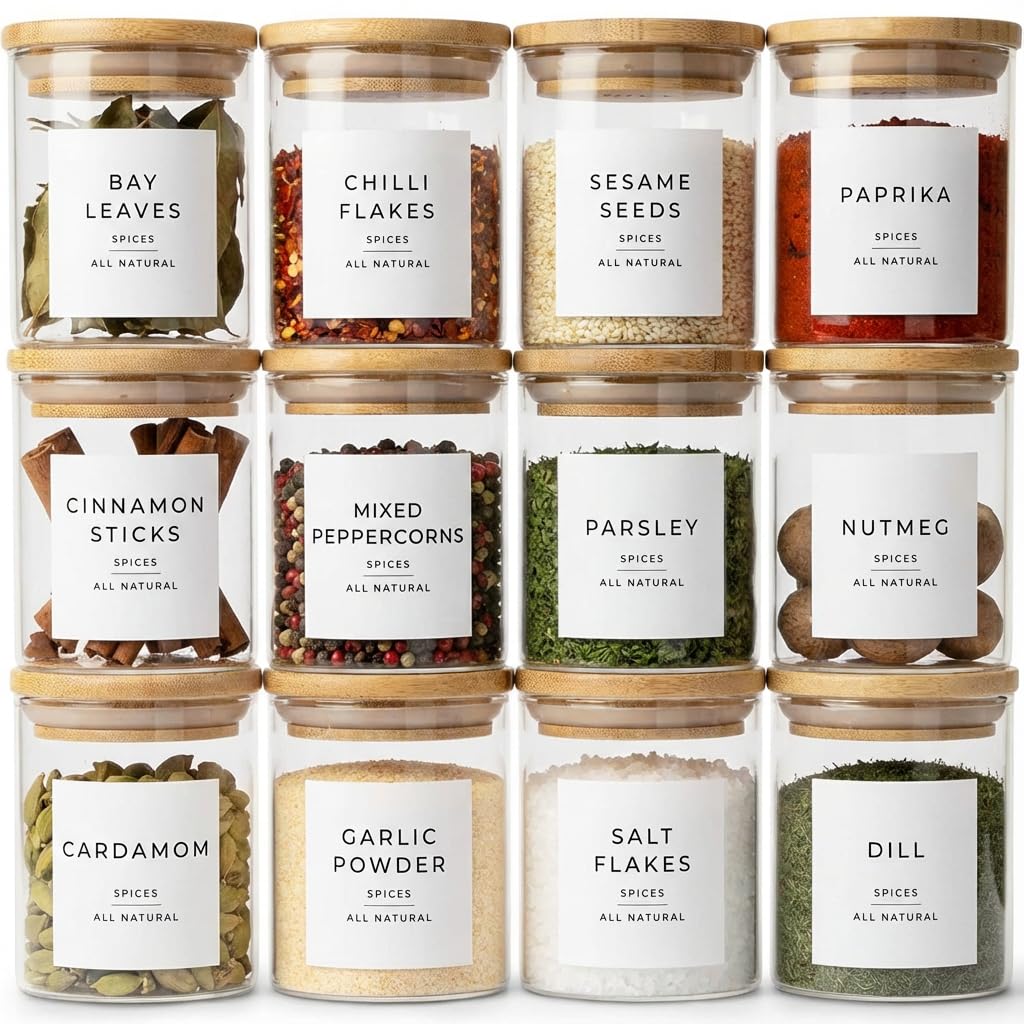 Livabl Glass Spice Jars with Lids and Labels – 12 Bamboo Lid Spice Containers - 200ml Airtight Jars with 360 White UK Designed Waterproof Pre-Printed Labels - Complete Herb, Seasoning & Spices Storage