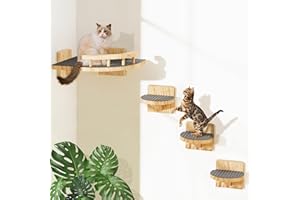 CHUIENDI Cat Wall Shelves with 4 Steps, Wooden Cat Wall Furniture up to 25lbs, Floating Stairs for Small/Medium Cats, Kitty Wide Climber Shelf with Cozy Perch for Indoor, Sleeping,Jumping, Playing