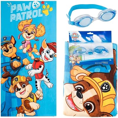 Toalha do conjunto de óculos de natação Paw Patrol para rapazes e raparigas – toalha macia para crianças e óculos anti-nevoeiro, kit de natação infantil para praia, piscina e verão
