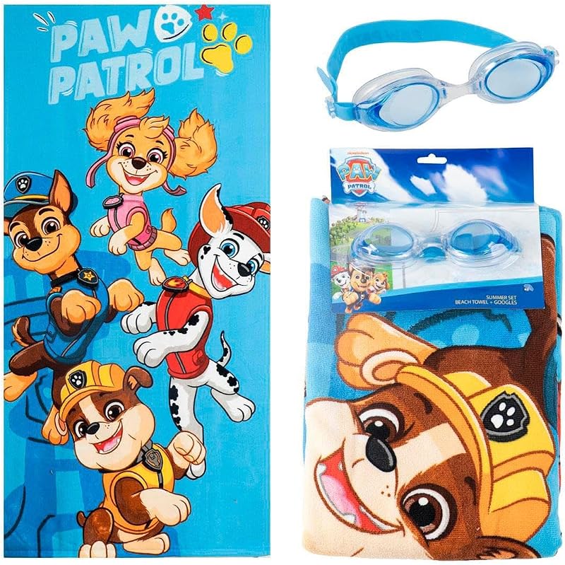 Toalha do conjunto de óculos de natação Paw Patrol para rapazes e raparigas – toalha macia para crianças e óculos anti-nevoeiro, kit de natação infantil para praia, piscina e verão