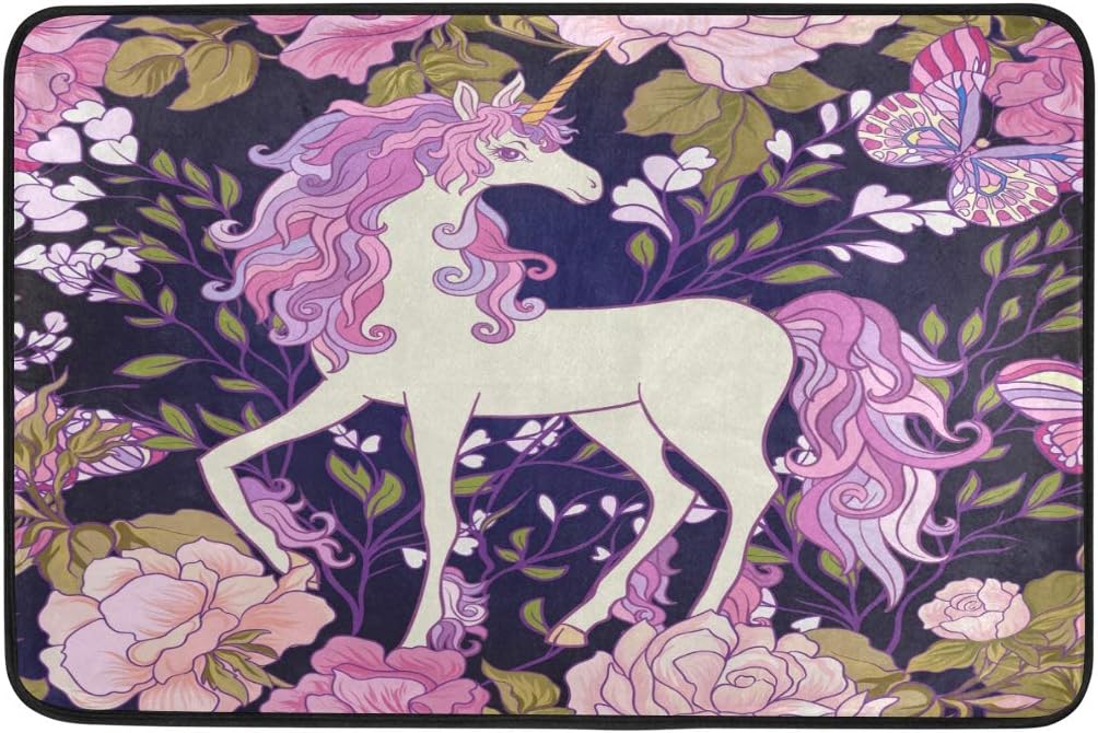 WIHVE Unicorn Floor Mats 23.6 x 15.7 Inch, Unicorn Pink Roses Butterflies Hearts Purple Door Mat Non Slip Entryway Area Rug Carpet for Bedroom Living Room Dorm