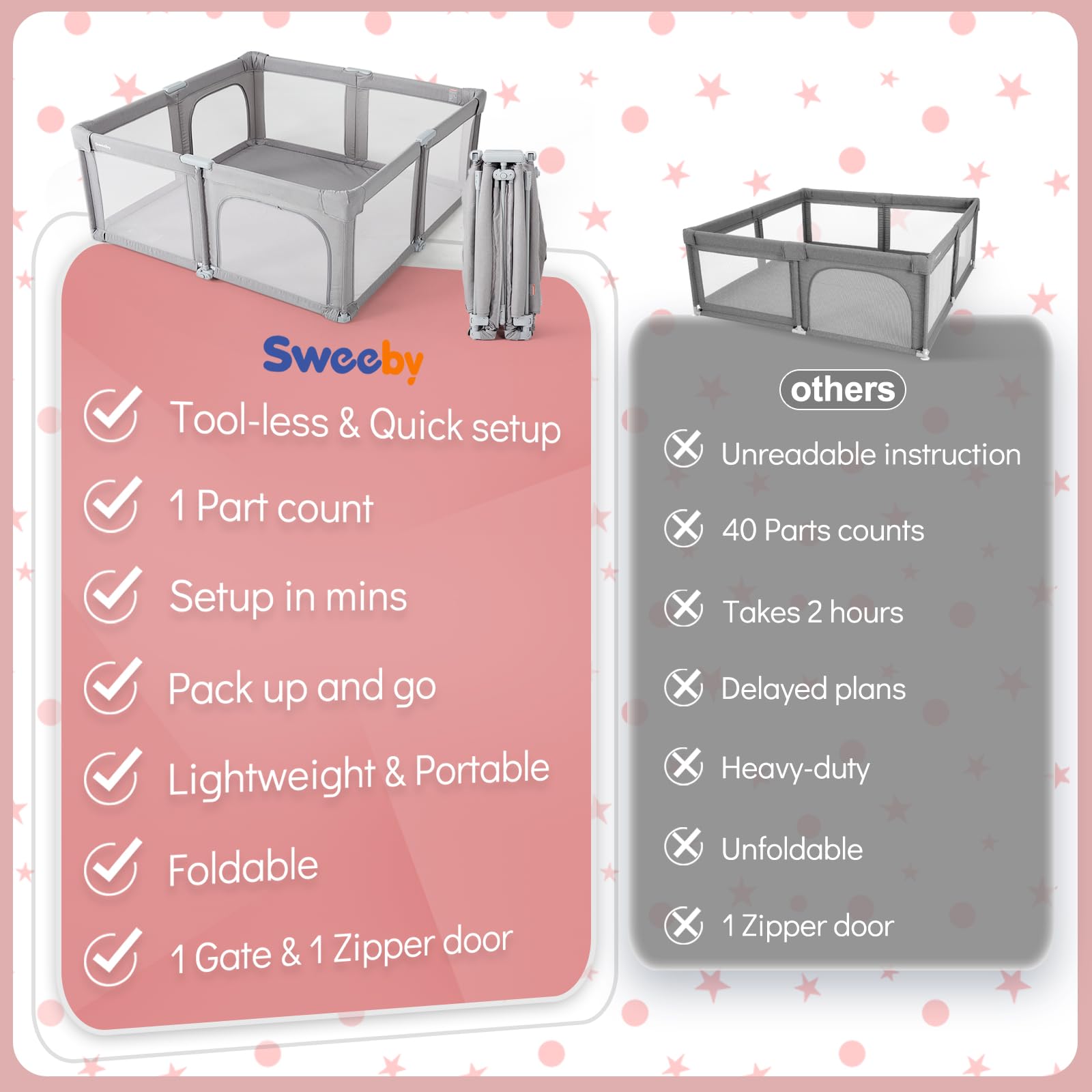 Sweeby Baby Playpen, 59x59 Inch Gate Foldable for Babies and Toddlers, Extra Large With Door Play Yard for Fence Indoor and Outdoor, Gray