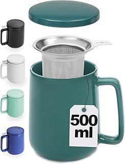 Teetasse mit Sieb und Deckel - Keramik Blaugrün - Hält Lange warm - 500ml XXL Groß - Spülmaschinenfest