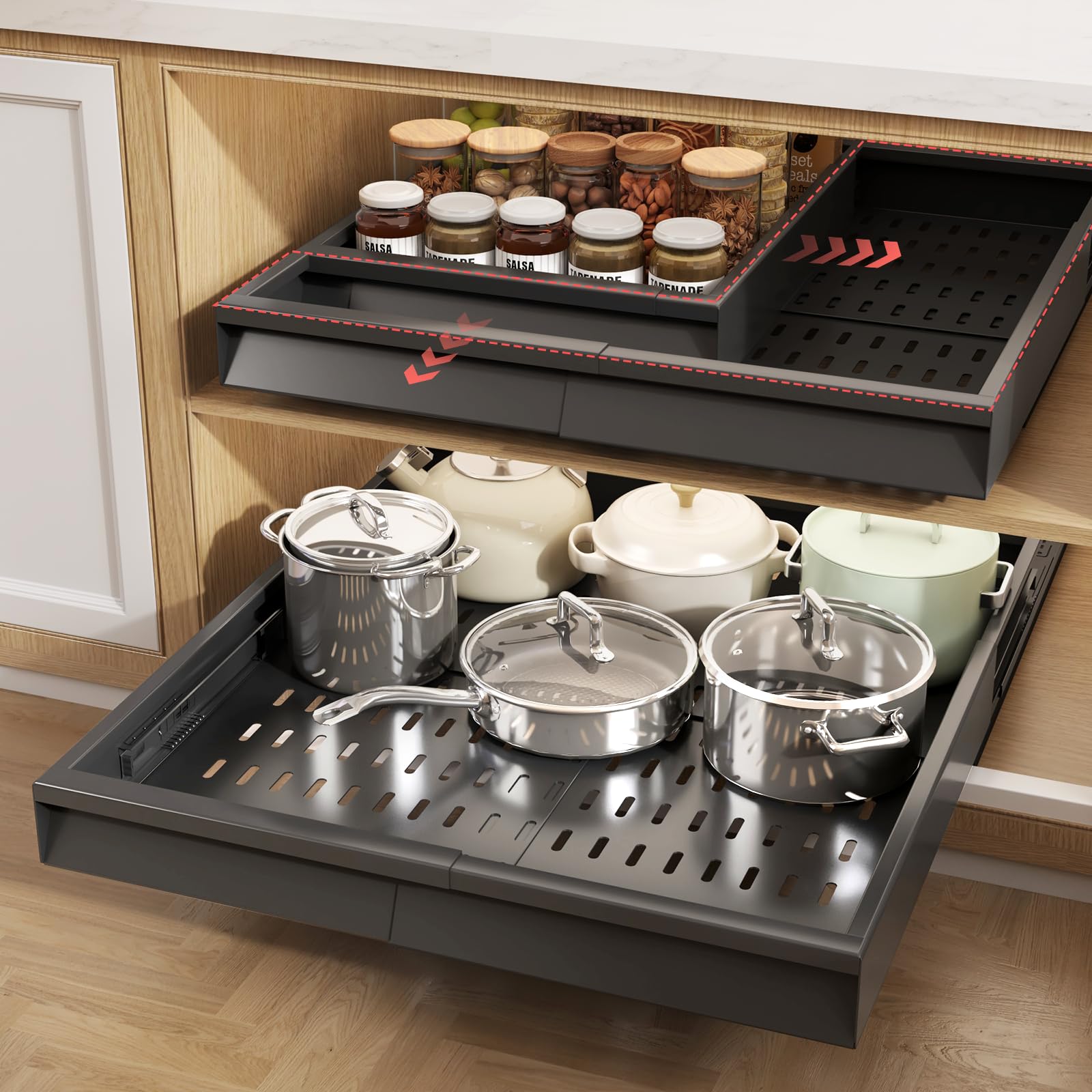 Photo 1 of Seinloes 2 Pack Pull Out Cabinet Organizer With Raising Pad for Framed Cabinets,Expandable Width (13"-21") and Depth (17"-24"),3 Slide Rails Slide Out Drawers with Handle,No-Drill Roll Out Shelf,Black
