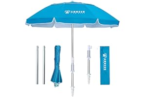 AMMSUN 6.5ft Twice Folded Portable beach umbrella with Sand Anchor Windproof Tilt Pole Air vent UPF 50+ Protection Fits in a large Suitcase Compact For Travel Patio Garden Pool Backyard Sky Blue