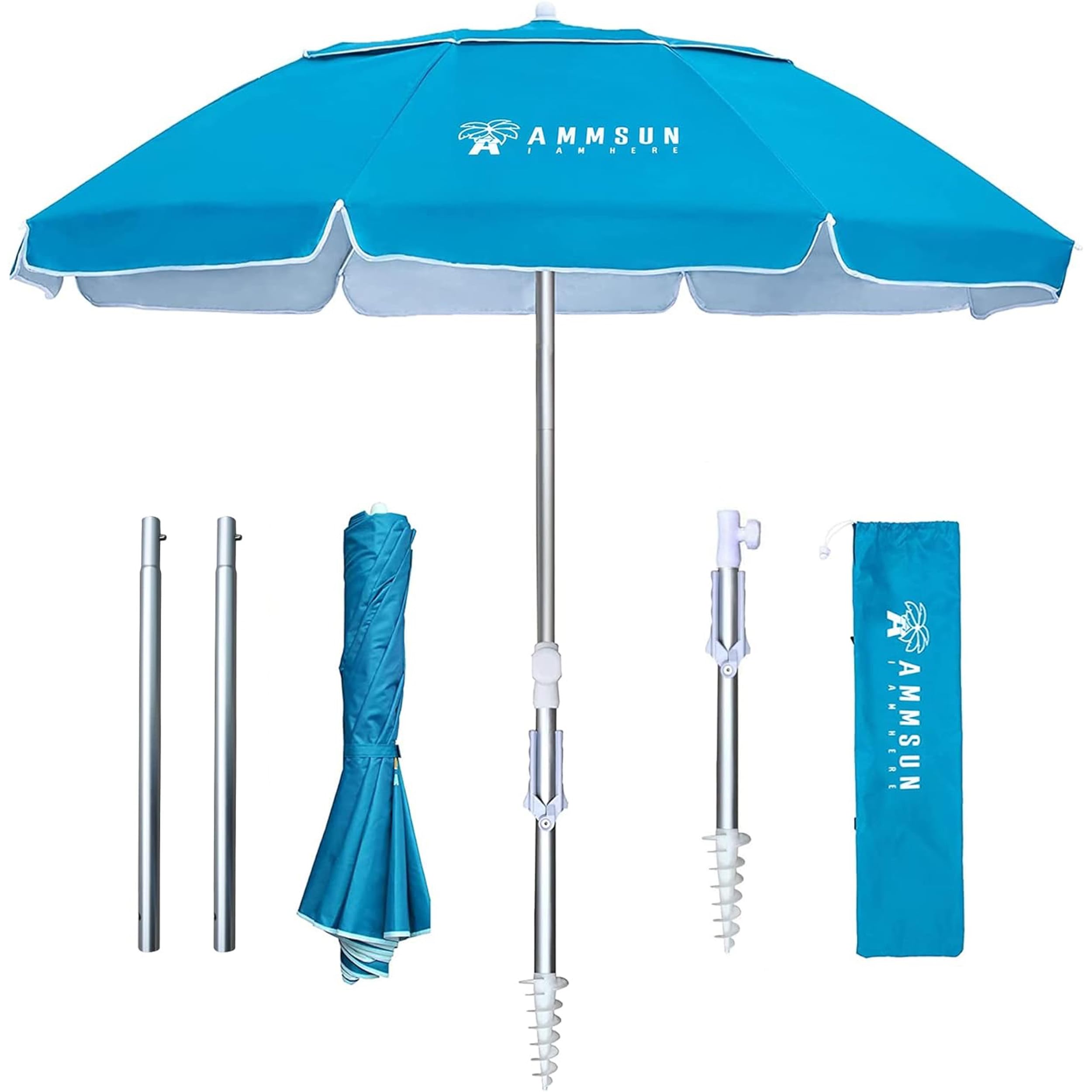 Photo 1 of AMMSUN 6.5ft Twice Folded Portable beach umbrella with Sand Anchor Windproof Tilt Pole Air vent UPF 50+ Protection Fits in a large Suitcase Compact For Travel Patio Garden Pool Backyard Sky Blue