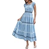 DREFBUFY Women's Casual Scoop Neck Short Sleeve High Waist Denim Ruffle A-line Cotton Lightweight Flowy Long Maxi Dress