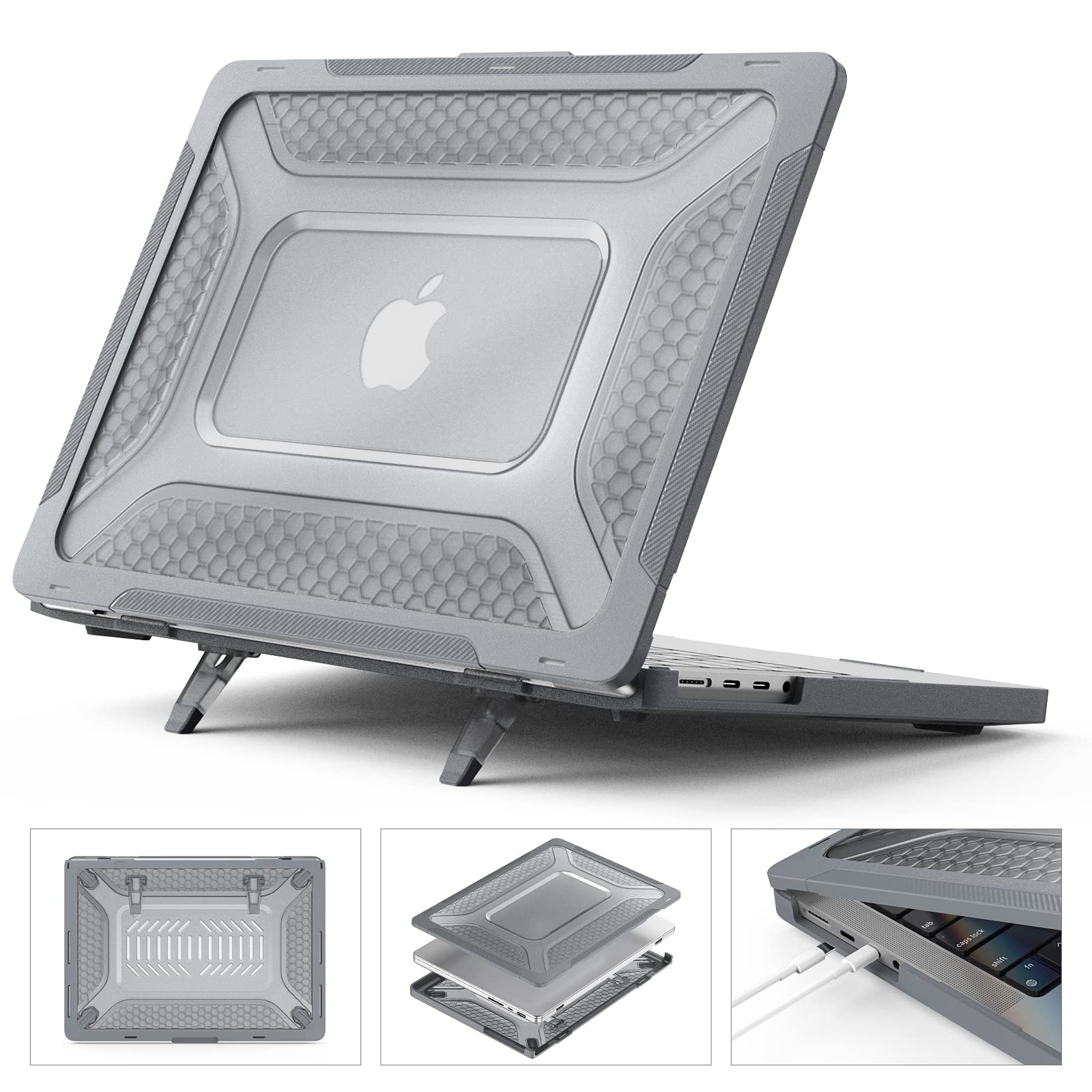 SEYMCY Cover Compatible with MacBook Air 13 Case 2020 2019 2018, Anti-Scratching Hard Shell Protective with Foldable Stand M1 A2337 A2179 A1932 - Grey