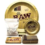Raw 12" Round Metal Rolling Tray Gift Set | Raw Metal Ashtray with Magnet 5.5" | Raw Tobacco Tin | 4 Raw Classic Kingsize Papers and 2 Raw Tip Books | Higrade Branded Stash Bag