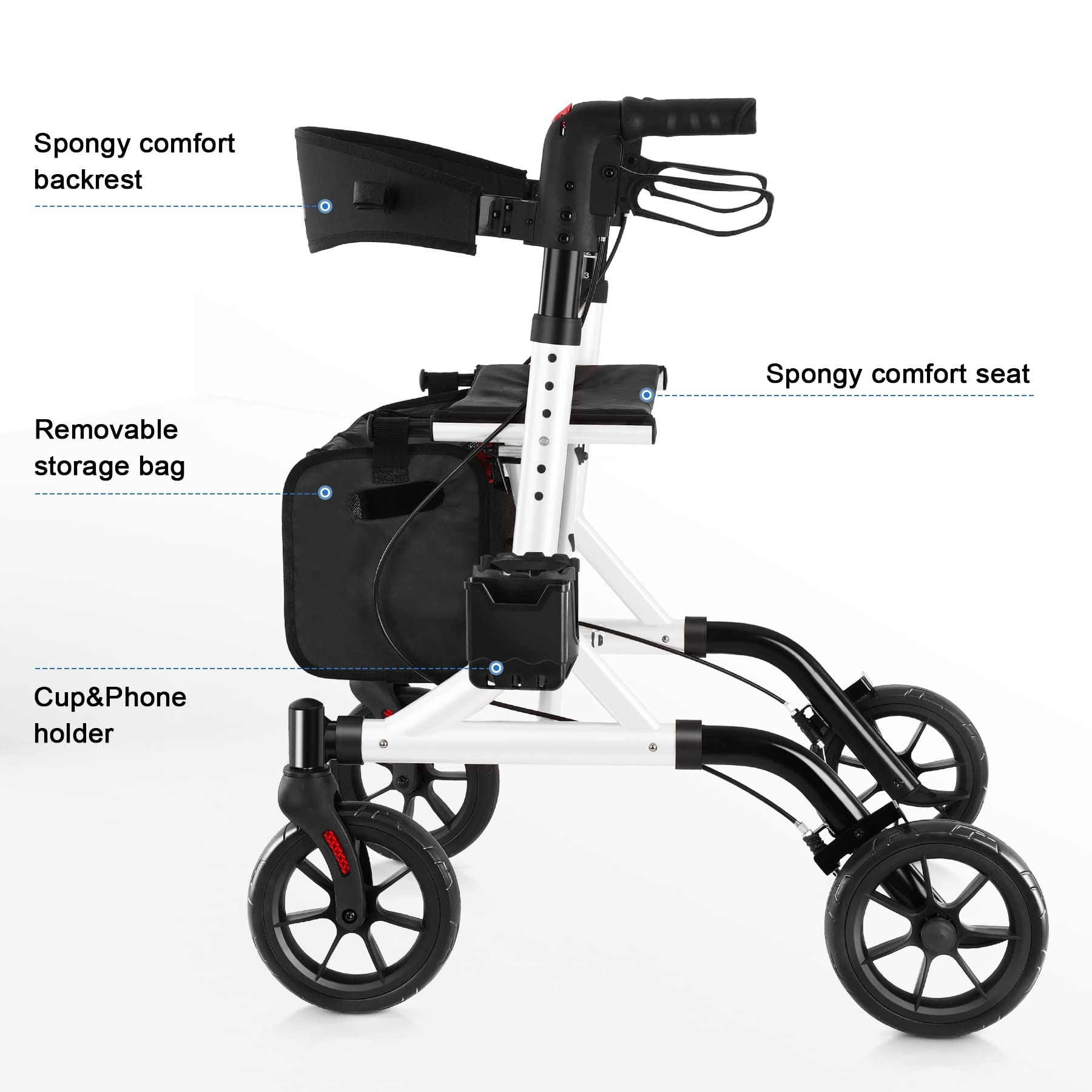 WALK MATE Rollator Walker for Seniors with Cup Holder, Upgraded Thumb Press Button for Height Adjustment, 4 x 8 Wheels Walker with Seat Padded Backrest Folding Lightweight Walking Aid, White