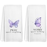 KFXHANGD Christian Purple Butterfly Kitchen Towels Set of 2, Philippians 4:6 Christian Dish Towels, Inspirational Religious Decorative Hand Tea Towels for Girls Bathroom Kitchen, 16x24Inches