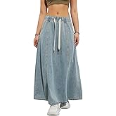 Keeliya Womens Denim Skirt Casual High Waist Paperbag Elastic A Line Long Maxi Flare Skirt Summer Beach Jean Skirt