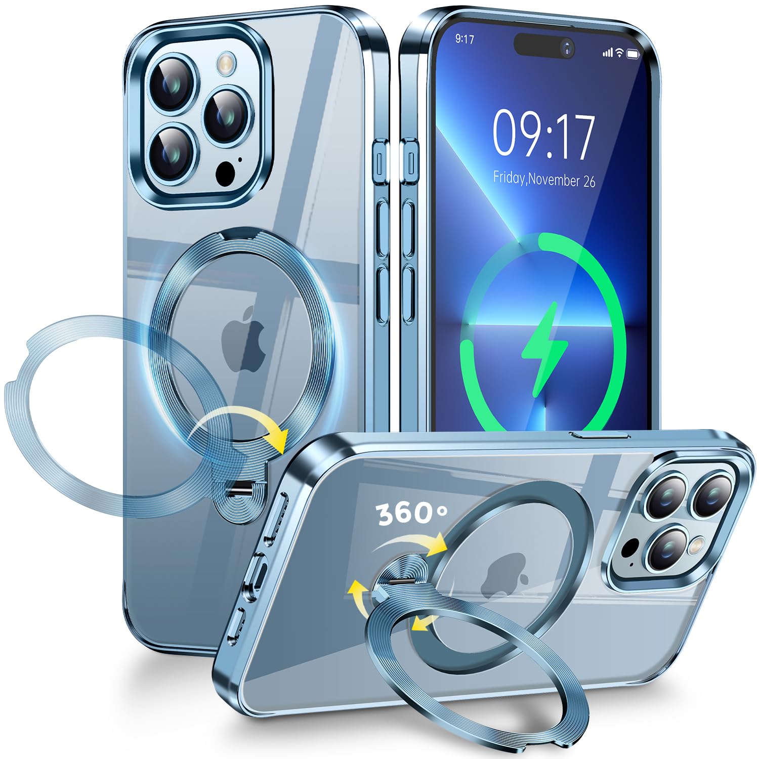 Photo 1 of [CD Metal Ring & Invisible 360° Spin Stand] Magnetic Case for iPhone 13 Pro Max [Electroplated Shockproof Bumper ] [Compatible with Mag Safe] Cover with Stand for Women Men Slim Clear - Sierra Blue