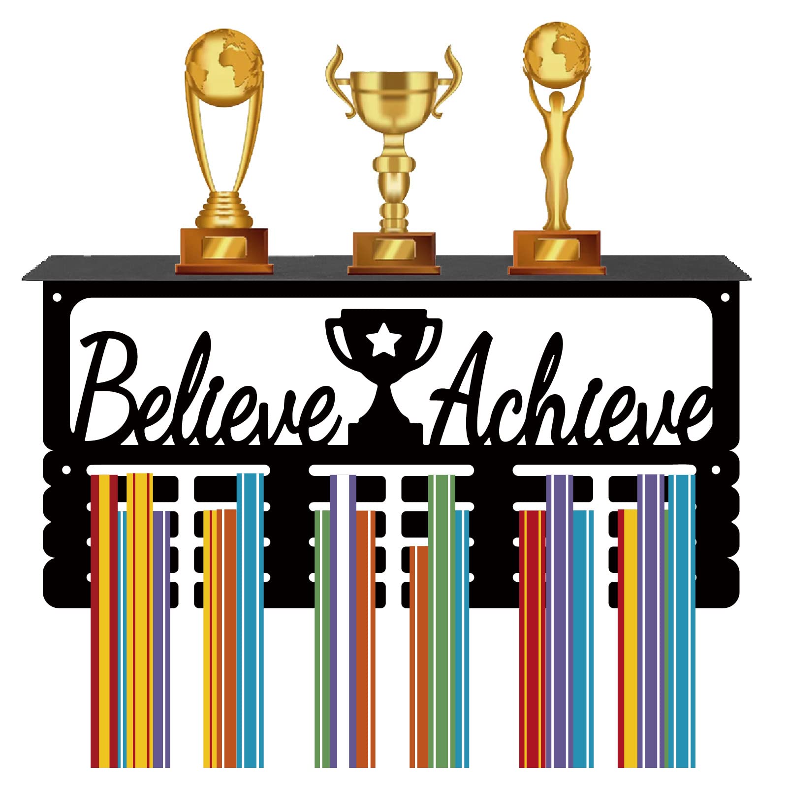CREATCABIN Medal Trophy Holder Medal Hanger Display with Shelf Stand Sports 4 Rows Wall Mount Hold 70+ Medals for Gymnastics Dance Soccer Running Swimming Awards Rack 15.7 x 7.9 Inch-Believe Achieve