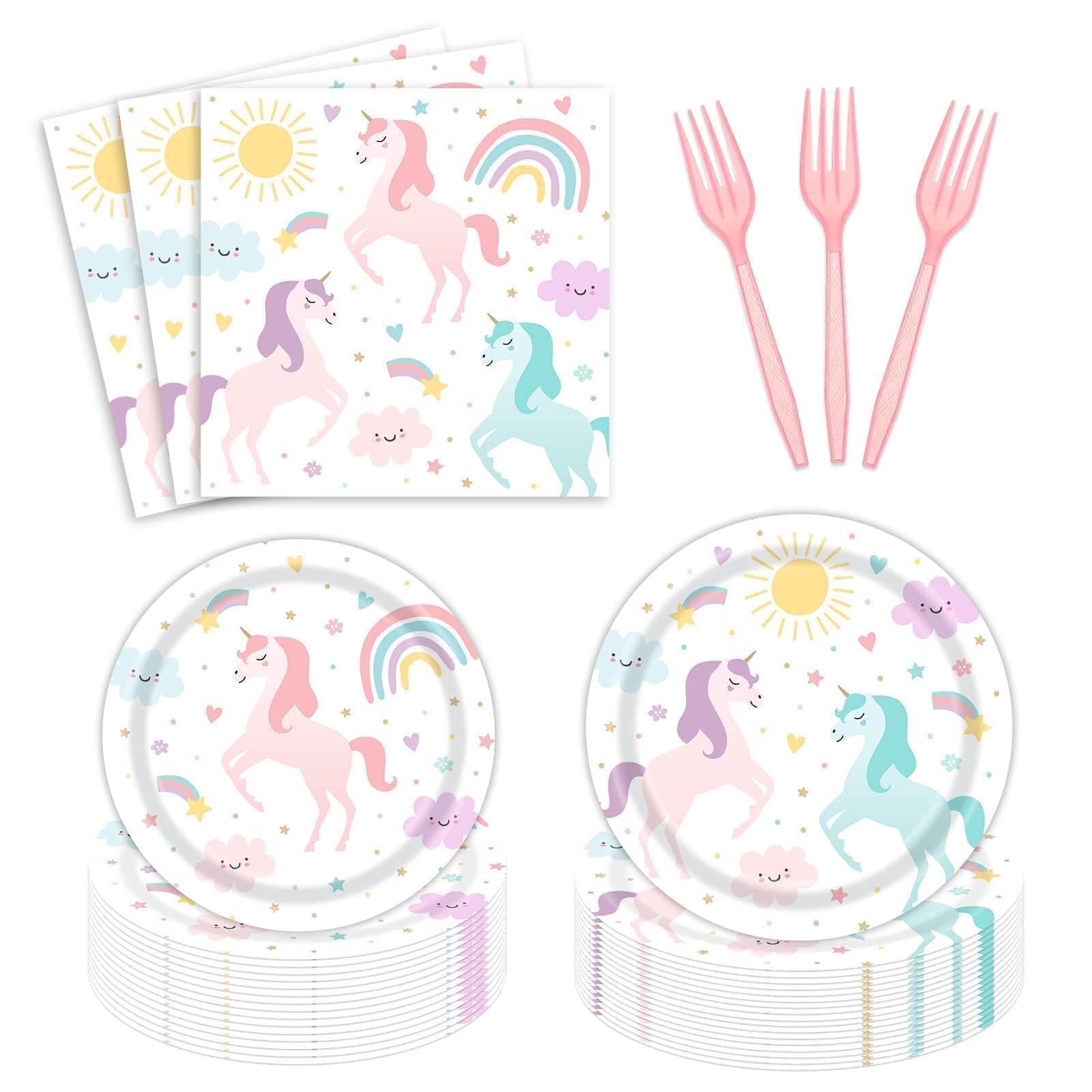Photo 1 of 96PCS Magical Pastel Unicorn Paper Plates Napkins Rainbow Unicorn Party Decorations Unicorn Happy Birthday Tableware Set Serves 24 Guests Birthday Party Favors for Girl