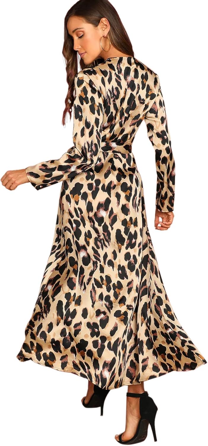 Shein Women S V Neck Surplice Waist Tie Satin Leopard Print Split Wrap Dress X Small Leopard At Amazon Women S Clothing Store