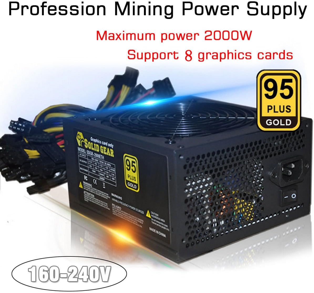 HNB New 2000W ATX Gold Mining Power Supply SATA IDE 8 GPU fit for ETH BTC Ethereum