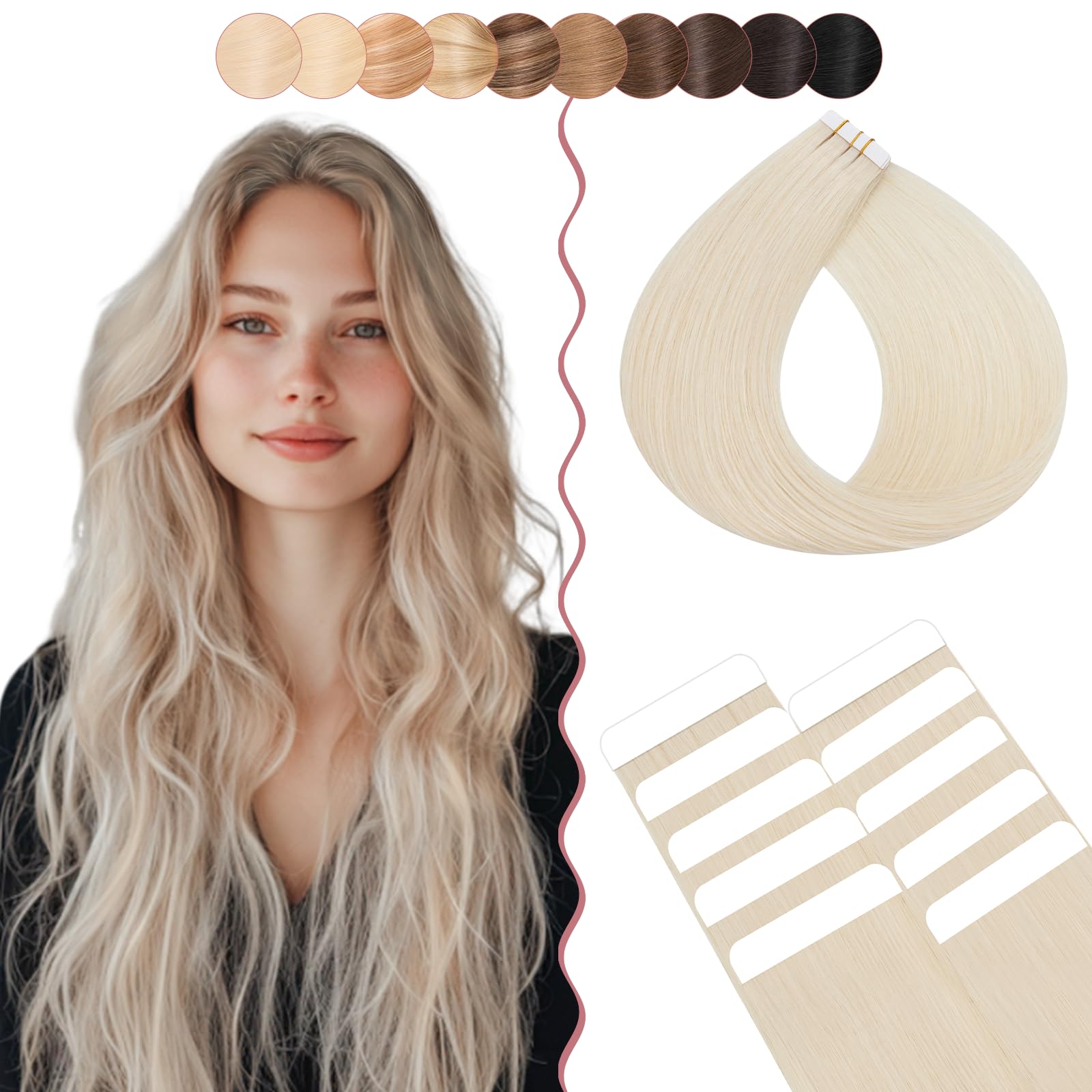12 Inch SEGO 10 PCS Tape in Hair Extensions Human Hair Thin Type 1g/pcs [#60 Platinum Blonde] 100% Real Natural Remy Hair Skin Weft Extension (10g) — image 1