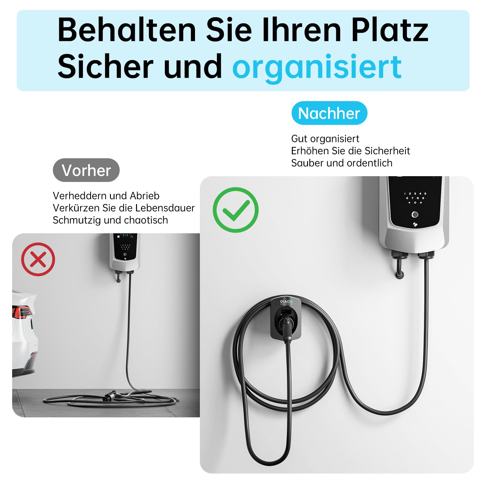 QIAO Typ 2 EV Ladegerät Halter, Wandhalterung EV Ladekabel Organizer für Elektroauto mit Typ 2 IEC 62196-2 Stecker, Wall Box Ladekabel Tidy Management für Indoor Outdoor Verwendung 3