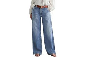 Flamingals Wide Leg Jeans for Women Mid Waist Baggy Stitch Decor Denim Washed Pants Without Belt