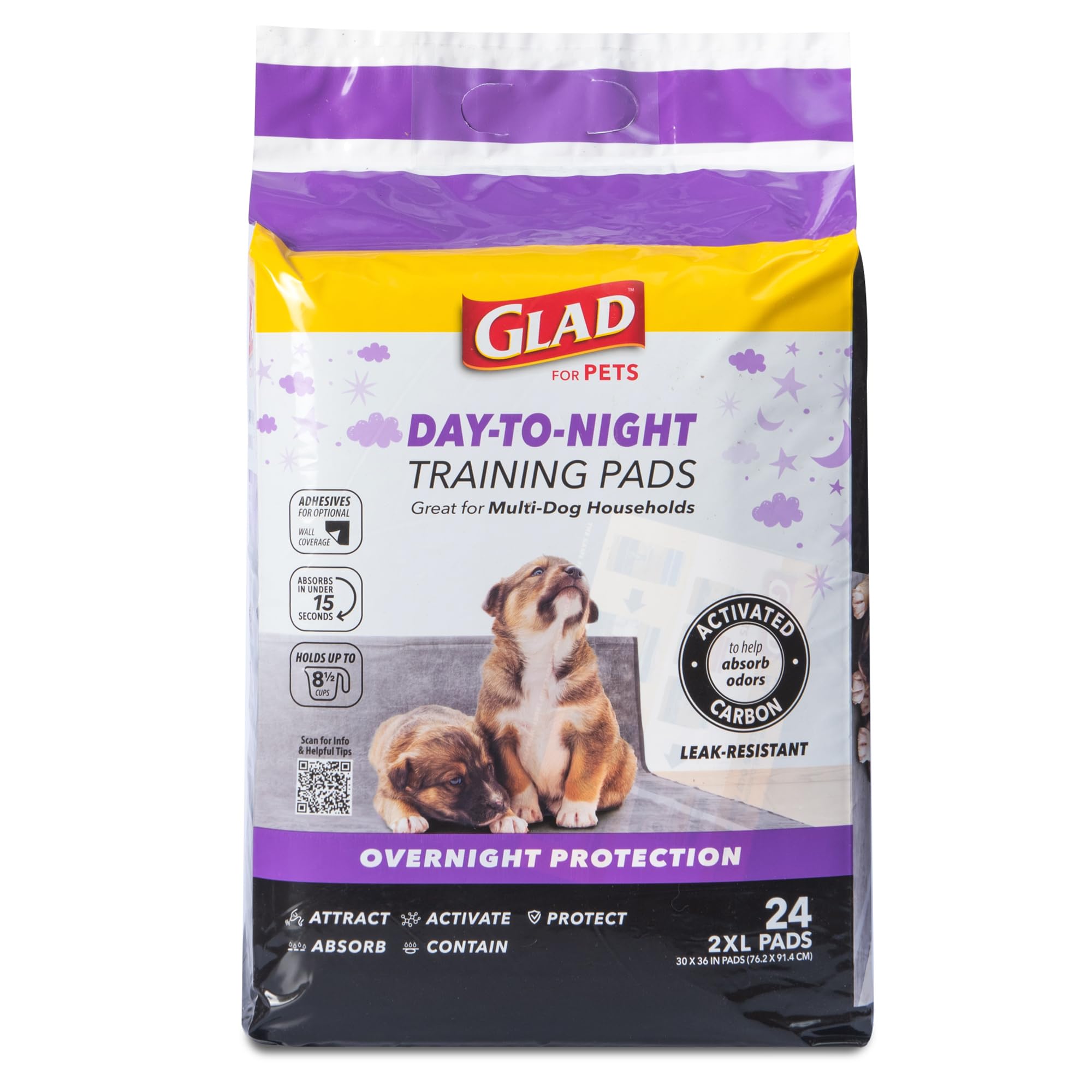 Photo 1 of Glad for Pets Day to Night Activated Carbon Puppy Training Pads for Dogs with Wall Protection and Adhesive - Super Absorbent and Leak Proof Disposable Dog Training Pads, 30" x 36", 24 Count