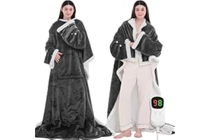 JKMAX Heated Electric Blanket Wearable Throw - Heated Wearable Robe with Sleeves and Foot Pockets - Heating Blanket with 10-Level Heating Auto-Off Flannel Heated Hoodie for Adults (50''x75'', Grey)
