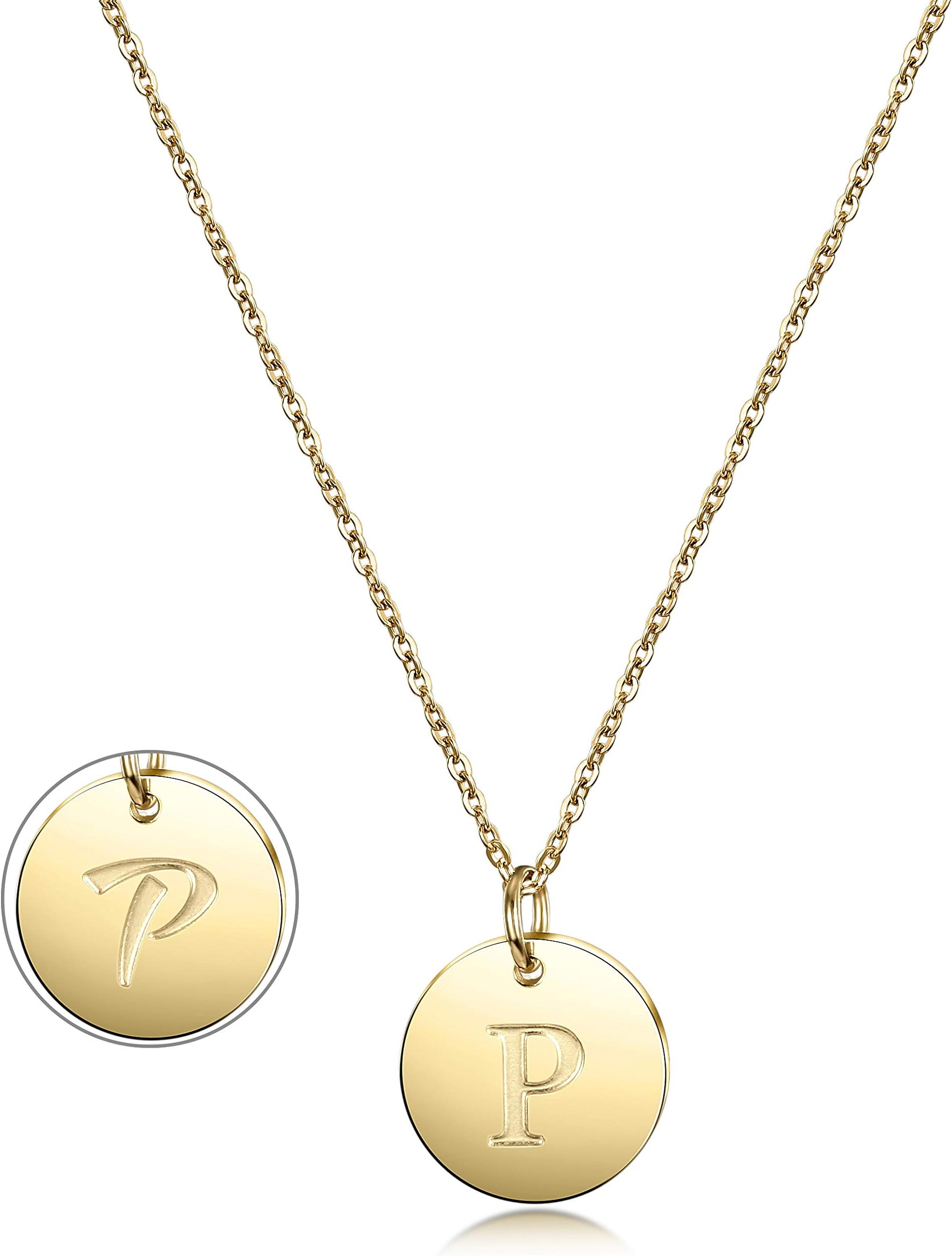 Initial Necklace, 14K Gold Plated Letter Necklace Round Disc Double Side Engraved Hammered Name Pendant Necklace with Adjustable Chain Pendant Enhancers