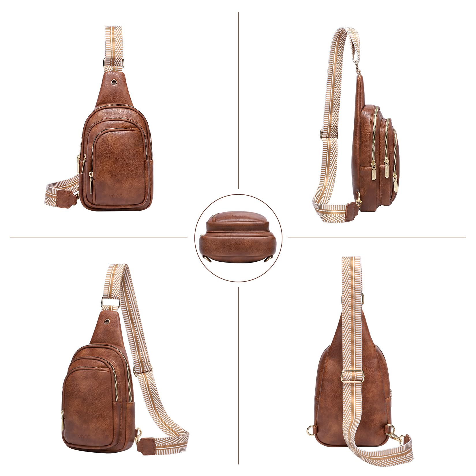 VNINE Small Sling Bag for Women Men Leather Crossbody Bags Fashionable Sling Backpack with Three Pocket Fanny Packs Chest Bag with Adjustable Strap (Brown)
