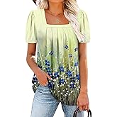 BETTE BOUTIK Womens Summer Tops Short Sleeve Pleated Square Neck Tunics Shirts Blouses S-3XL