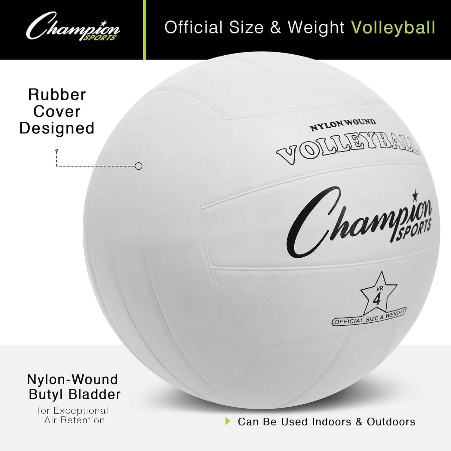 Champion Sports Rubber Volleyball, Official Size, for Indoor and Outdoor Use - Durable, Regulation Volleyballs for Beginners, Competitive, Recreational Play - Premium Volleyball Equipment - White, VR4 : Playground Balls : Sports & Outdoors