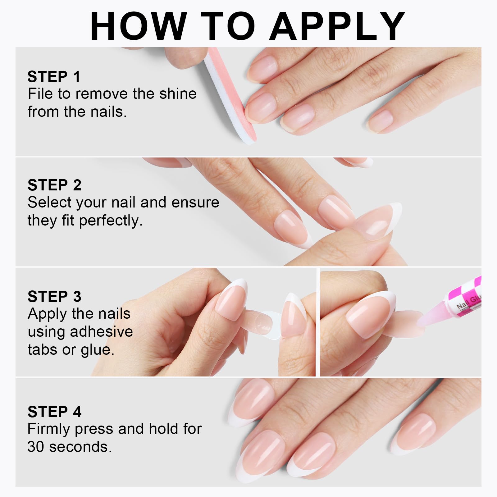 French Almond Gel Press On Nails Short 16 Sizes Fake Nails Glossy 32pcs, Nail Glue Included - Image 6