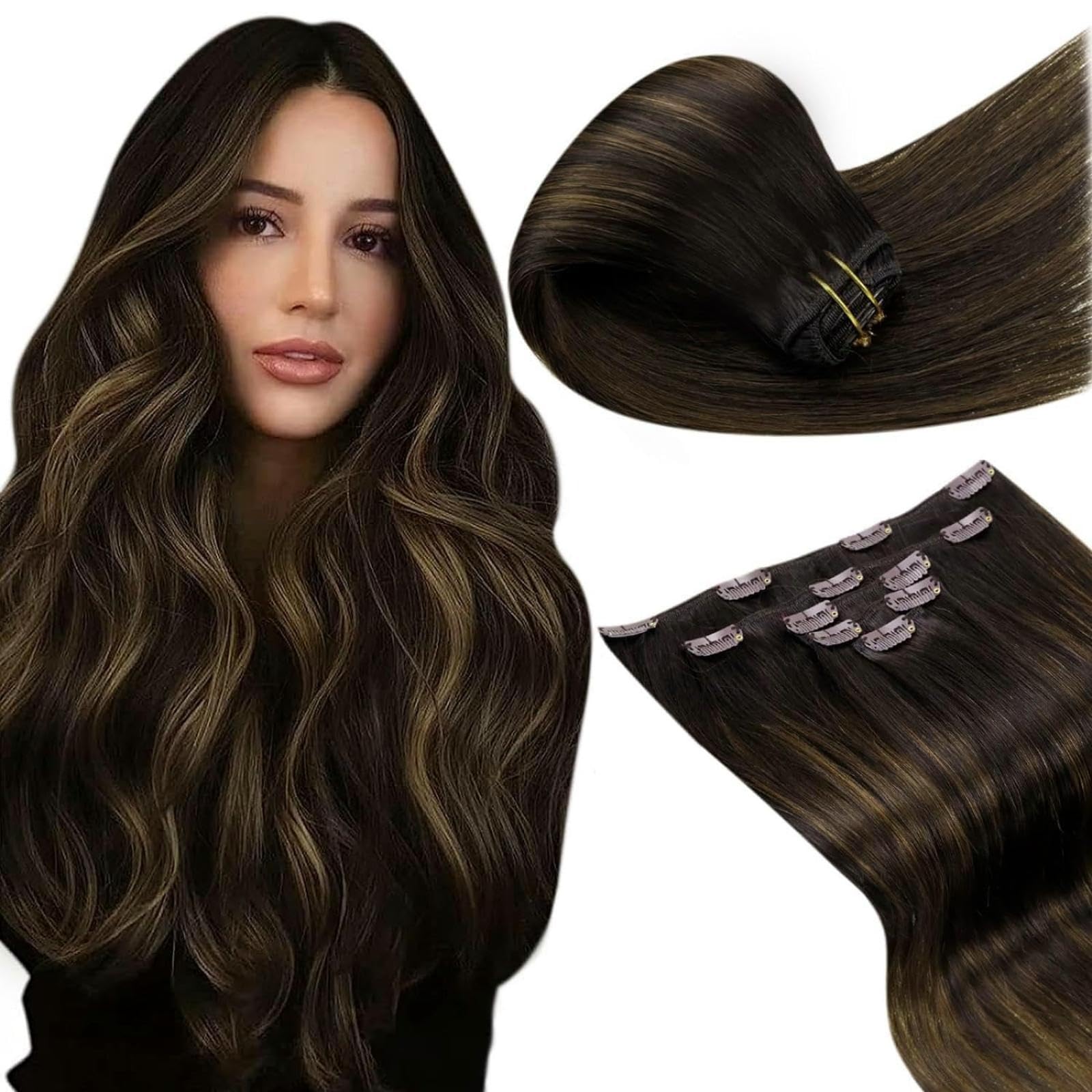 LaaVoo Clip in Hair Extensions Real Human Hair Brown Hair Extensions Clip in Straight Balayage Darkest Brown Remy Hair Full Head Double Weft 80g 5pcs 12 Inch #2/8/2 — image 1