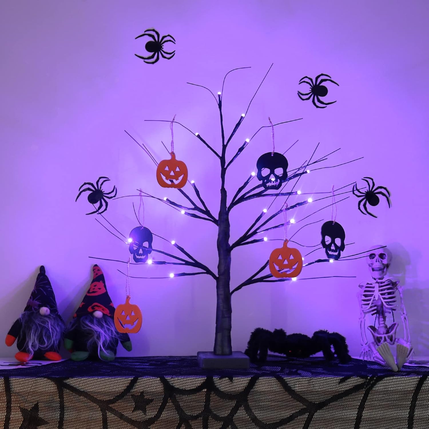 Trees - YEAHOME Halloween Decorations Indoor, 24”/2FT Black Scary Halloween Tree with 24 LED Purple Lights, 3 Skeleton and 3 Pumpkin Ornaments Battery Powered Timer for Home, Party, Table Decor