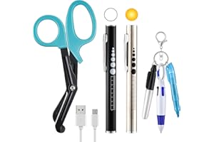 Enhon 6 Pack Nurse Tools Set, 2 Rechargeable LED Pen lights with Two Sources and Pupil Gauge, One 6'' Trauma Bandage Shear and 3 Mini Highlighter Nurse Pen for Nurse, Nursing Student, Doctor (Blue)