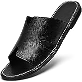 Men's Genuine Leather Flat Slides Sandals Summer Classic Round Open Toe Slip On Softsole Male Sandals for Beach Walking Slides