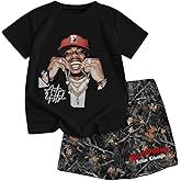 Verdusa Boy's 2 Piece Hip Hop Outfits Graphic Crewneck Tee Top and Letter Print Camo Shorts Set