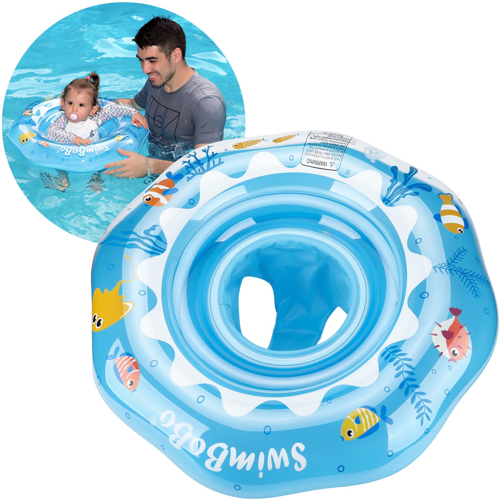 Inflatable Baby Swimming Float with Safe Seat for Age 6-36 Months Toddler (Blue)