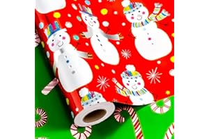Yarcony Red Christmas Wrapping Paper Roll - 17 Inch X 33 Feet - Reversible Christmas Snowman Wrapping Paper, Cute Green Candy Winter Holiday Gift Wrap Paper for New Year, Holiday, Party
