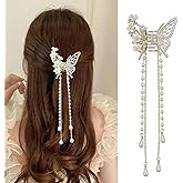 Hollow Butterfly Tassel Hair Claws Strong Hold Metal Hair Clip Crystal Pearl Flowers Butterfly Elegant Pearl Chain Tassel Hair Claw Clamp Nonslip Hair Grab Clips for Women