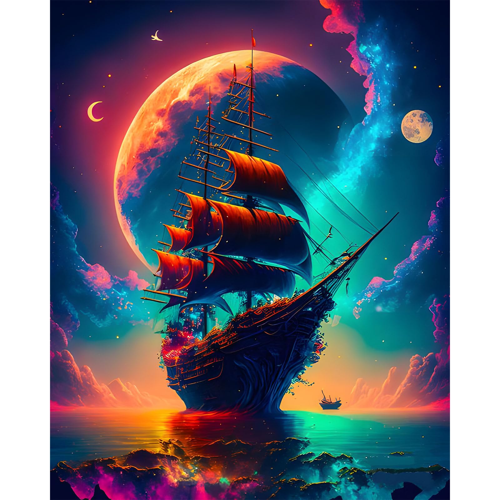 HEIBAGO 5D Colorful Ship Diamond Painting Kits for Adults Kids, Moon Lake Diamond Art Kits for Beginners, DIY Round Diamond Dots Kits Landscape Crystal Craft for Home Art Decor 30x40cm