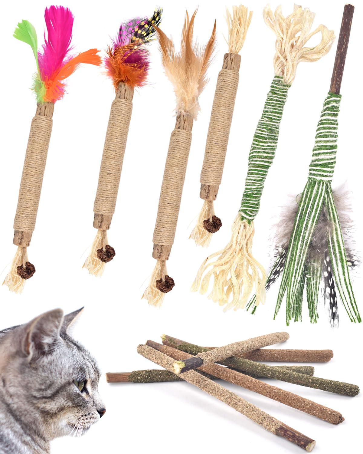 ERKOON Cat Toy, 12 pcs Kitten Chew Stick Catnip Sticks for Cat, Cat Dental Feather Kittens Teeth Toys Natural Matatabi Dental Care, Increase Appetite, Calm Anxiety and Stress