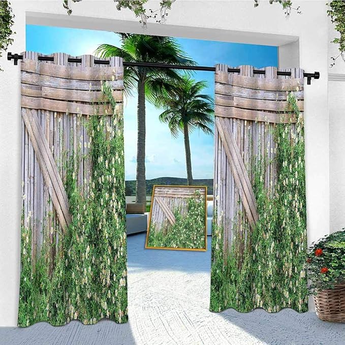 Aishare Store Patio Curtains, Bamboo Fence Covered by Ivy Daisy Flower