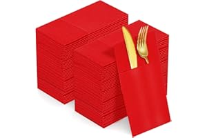 KAMMAK Dinner Napkins Disposable Red Linen-Feel Party Napkins with Built-in Flatware Pocket Absorbent Paper Hand Towels Prefo
